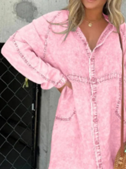 Full Size Button-Front Long Sleeve Denim Shirt Dress Plus Size - -