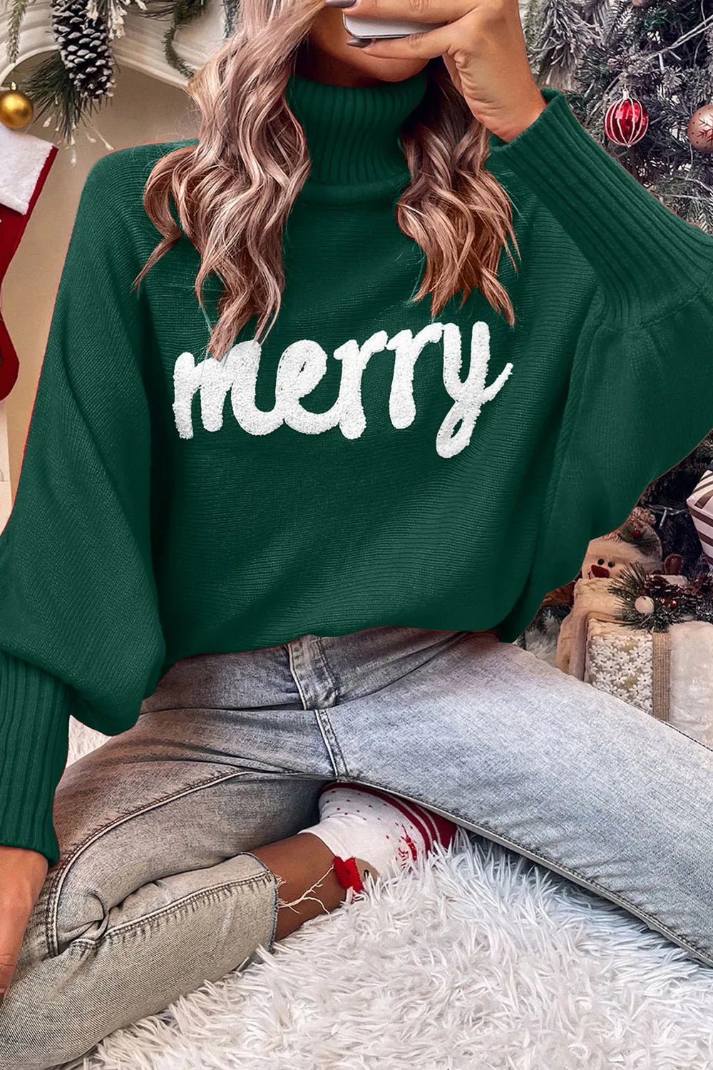 Double Take Full Size Merry Christmas Turtleneck Long Sleeve Sweater – | Shannon’s Chique Boutique