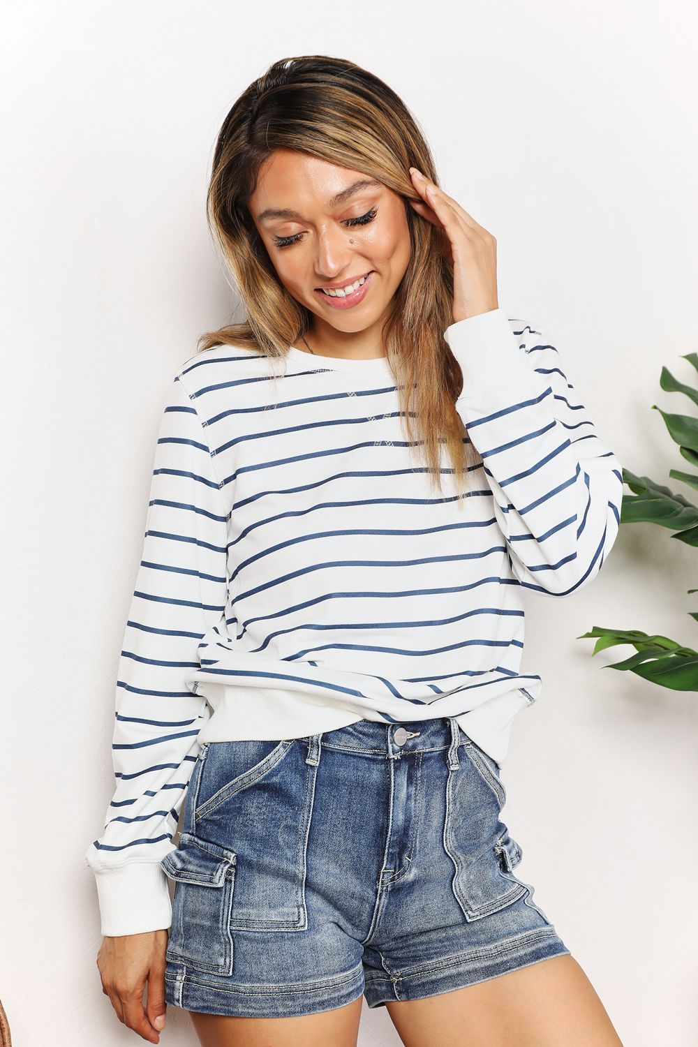Double Take Striped Long Sleeve Round Neck Top - -