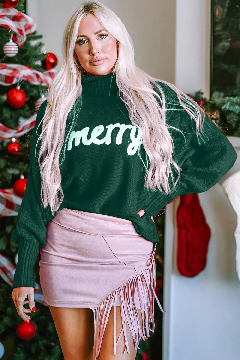 Double Take Full Size Merry Christmas Turtleneck Long Sleeve Sweater – | Shannon’s Chique Boutique