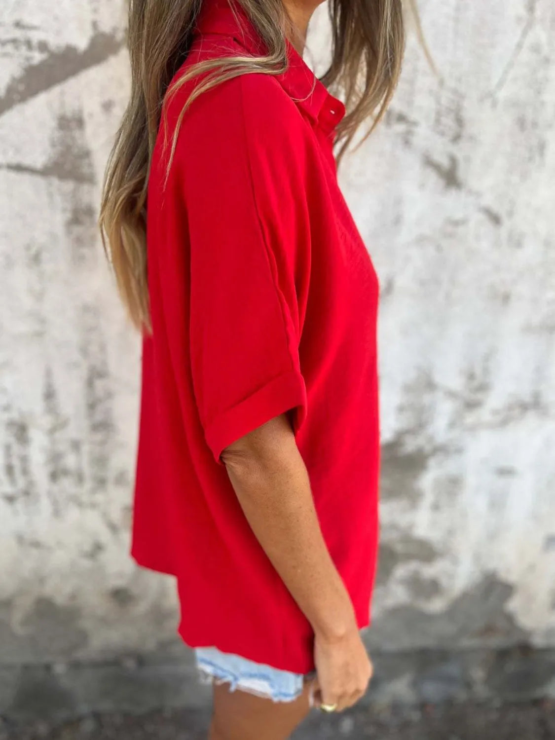 Full Size Collared Neck Half Sleeve Shirt Plus Size - -