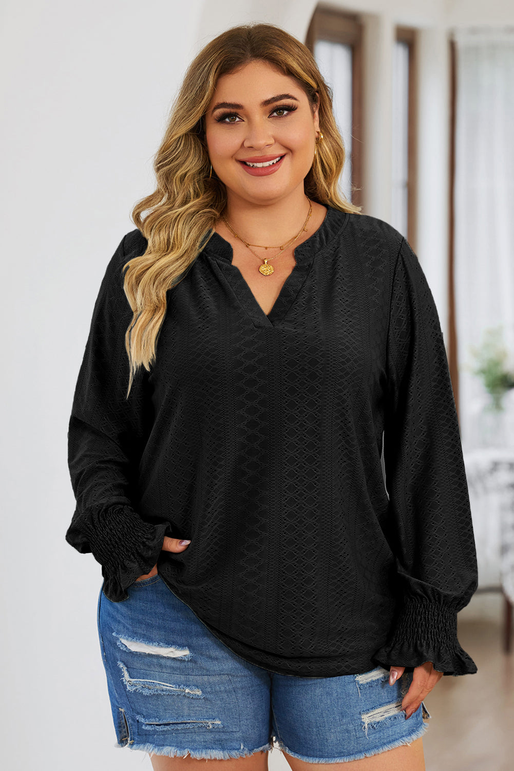 Plus Size Eyelet Notched Flounce Sleeve Blouse - Black -