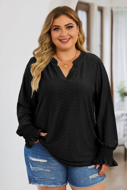 Plus Size Eyelet Notched Flounce Sleeve Blouse - Black -