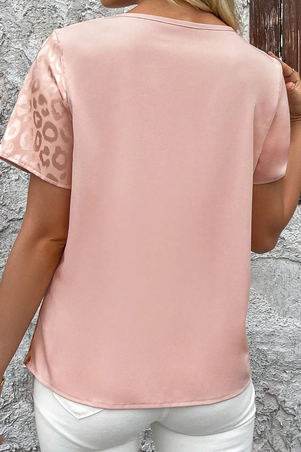 Leopard Jacquard Patchwork Crisscross V Neck Short Sleeve Blouse - -