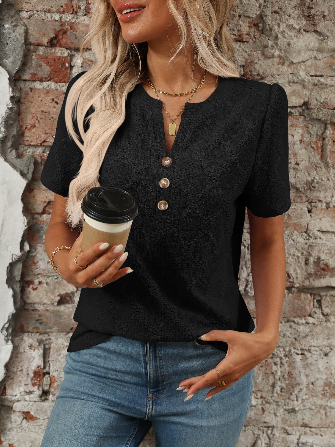 Eyelet Notched Short Sleeve Top - Black -