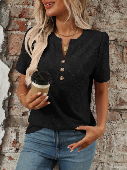Eyelet Notched Short Sleeve Top - Black -