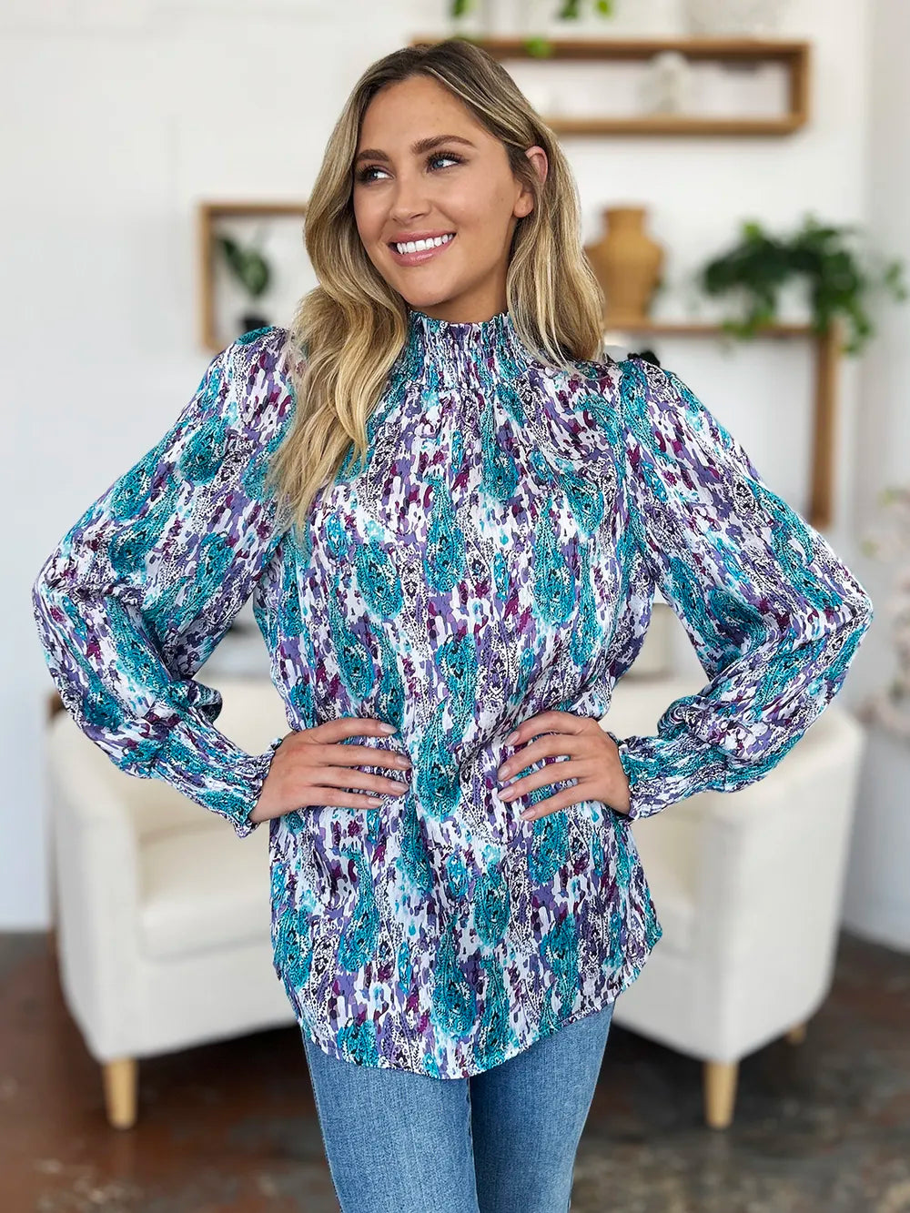 Double Take Full Size Printed Smocked Long Sleeve Blouse - -