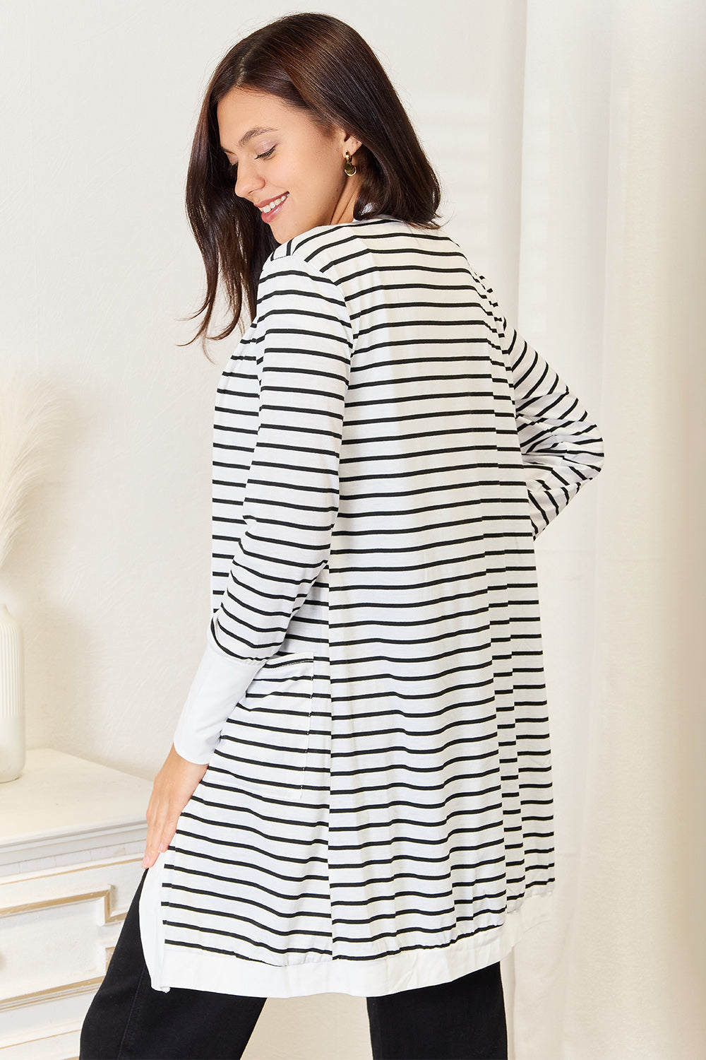 Double Take Striped Open Front Longline Cardigan - -
