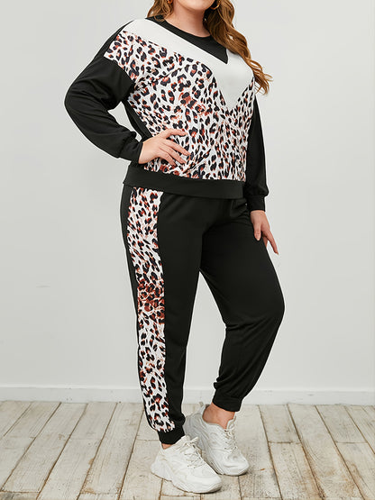 Plus Size Leopard Sweatshirt and Sweatpants Set - -