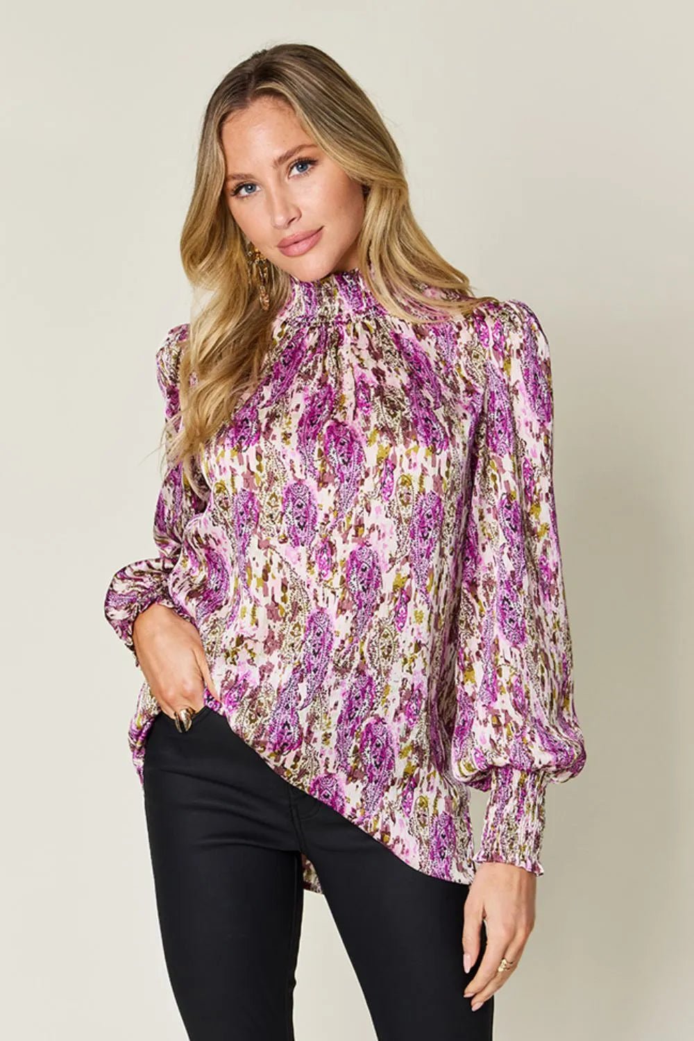 Double Take Full Size Printed Smocked Long Sleeve Blouse - Red-Violet -