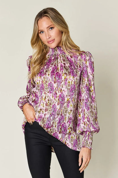 Double Take Full Size Printed Smocked Long Sleeve Blouse - Red-Violet -