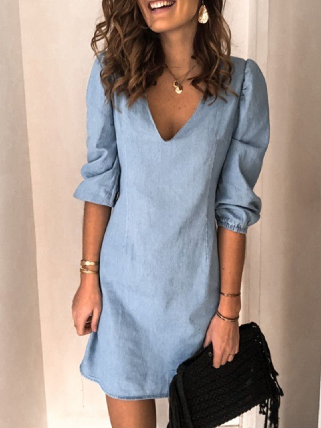 Full Size V-Neck Half Sleeve Dress - Light Blue -