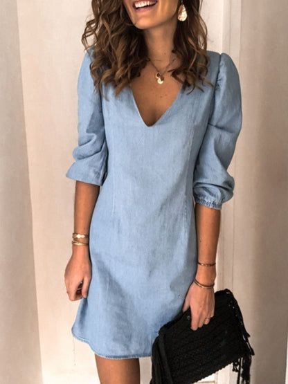 Full Size V-Neck Half Sleeve Dress - Light Blue -