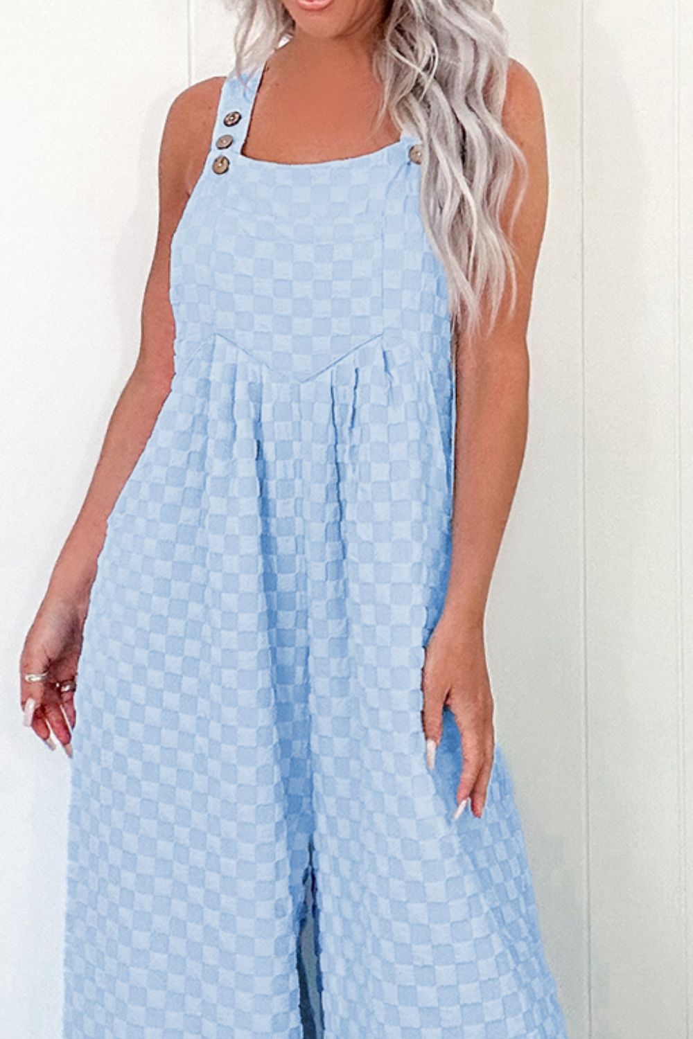 Checkered Pocketed Wide Leg Overalls - -