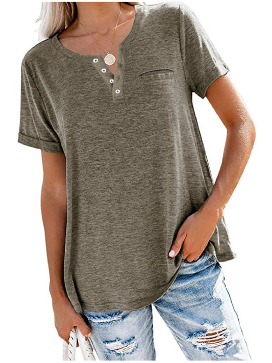Full Size Notched Short Sleeve T-Shirt Plus Size - Olive Brown -
