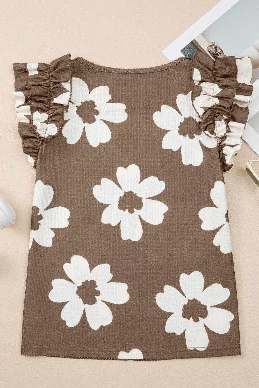 Floral Textured Ruffled Cap Sleeve Blouse - -