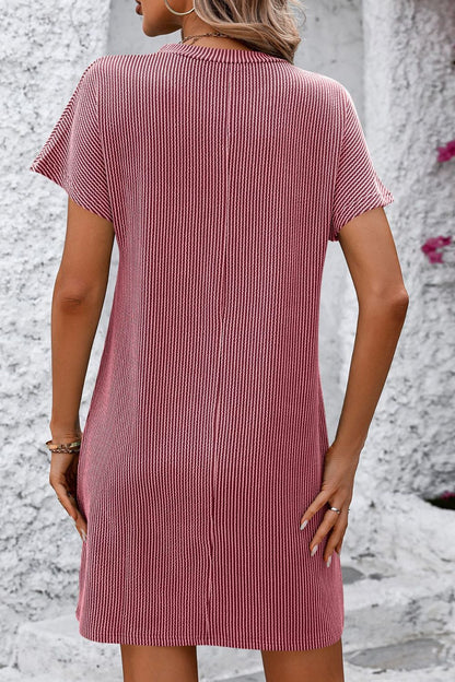 Ribbed Striped Short Sleeve Mini Tee Dress - -