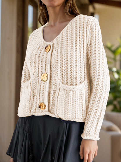 Chunky Knit Button-Down Cardigan – Gold Accent & Soft Texture - Beige -