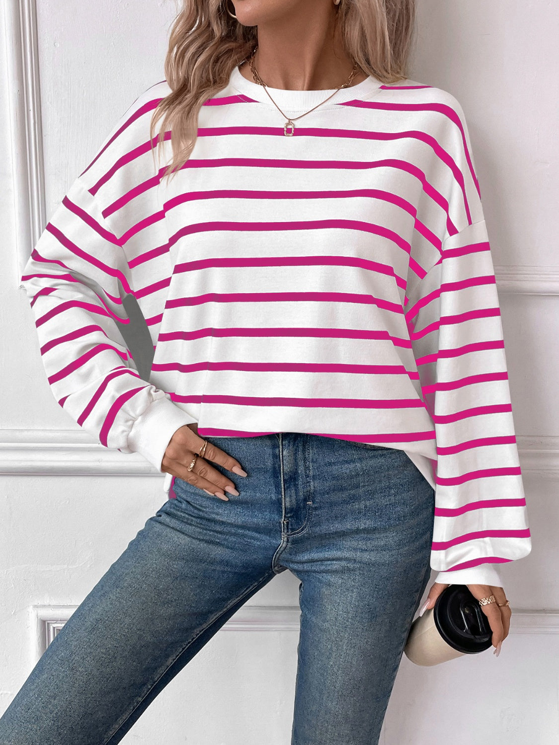 Lovelet Striped Round Neck Long Sleeve Sweatshirt