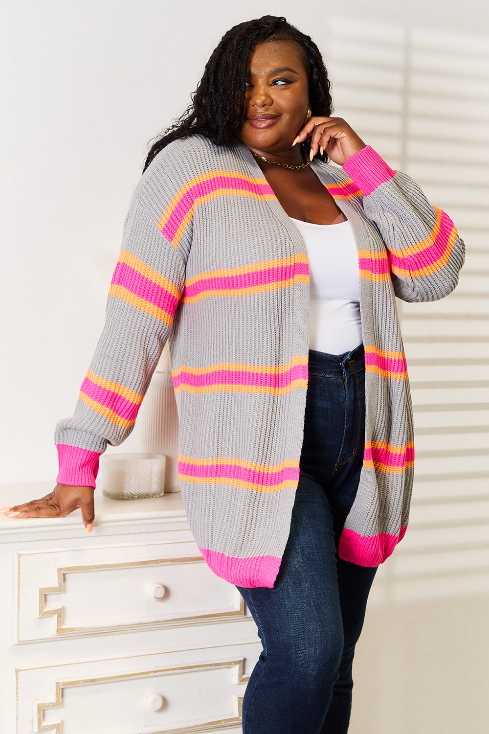Woven Right Ribbed Long Sleeve Cardigan - -