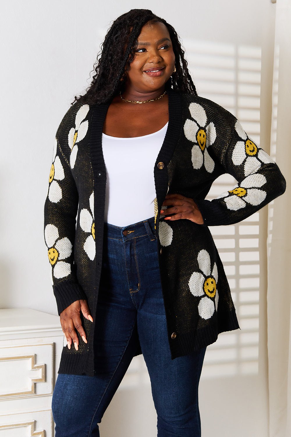 Perfee Floral Button Down Longline Cardigan - -