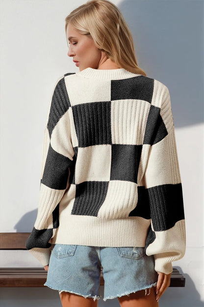 Double Take Full Size Checkered Dropped Shoulder Cardigan - -