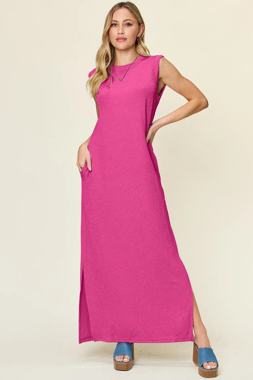 Double Take Full Size Texture Mock Neck Sleeveless Maxi Dress - Hot Pink -