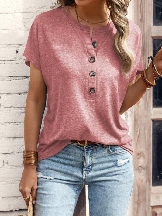 Half Button Short Sleeve Top - Dusty Pink -