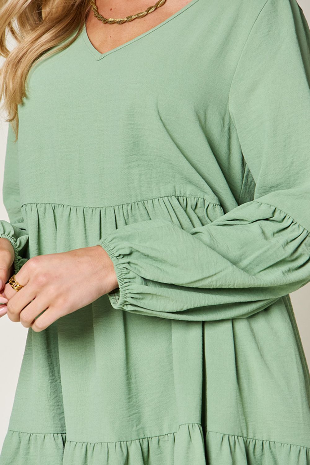 Double Take Full Size V-Neck Balloon Sleeve Tiered Dress with Pockets - -