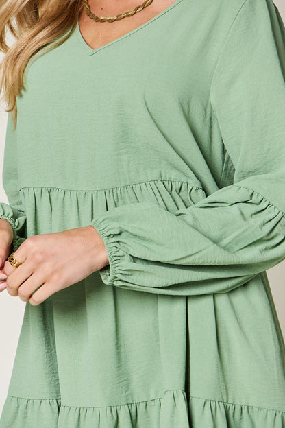 Double Take Full Size V-Neck Balloon Sleeve Tiered Dress with Pockets - -