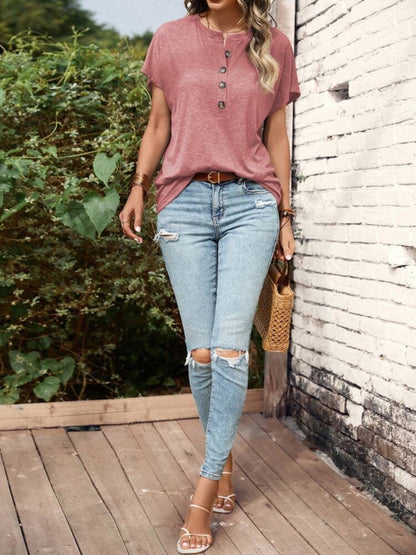 Half Button Short Sleeve Top - -