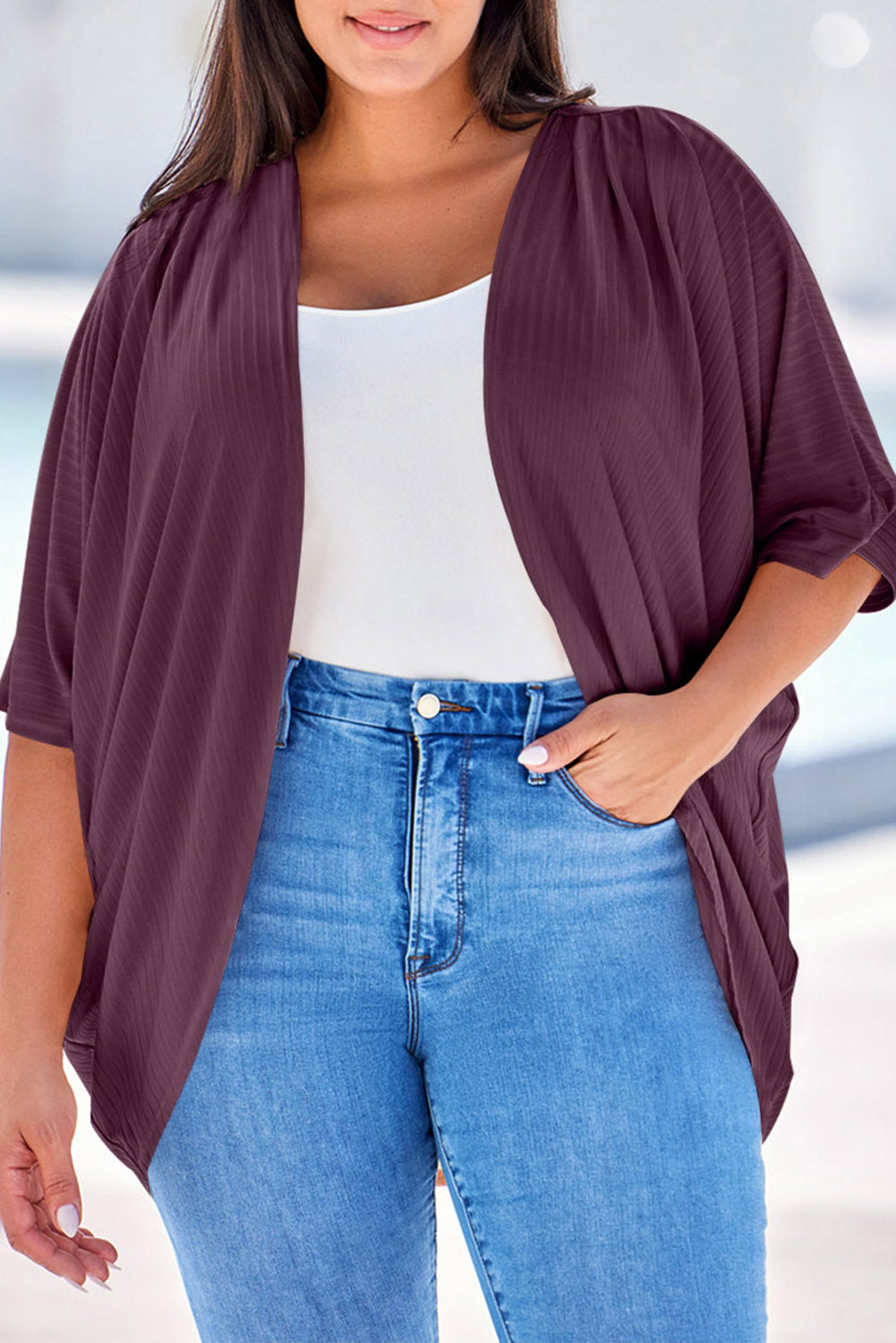 Plus Size Ribbed Cocoon Cover Up - Deep Purple -