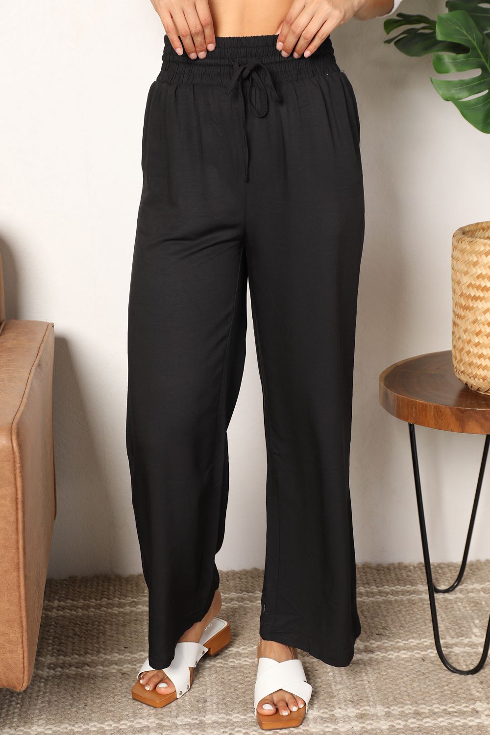 Double Take Drawstring Smocked Waist Wide Leg Pants - Black -