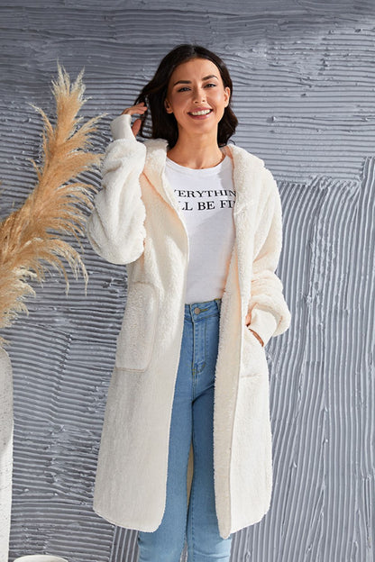 Double Take Full Size Hooded Teddy Bear Jacket with Thumbholes - -