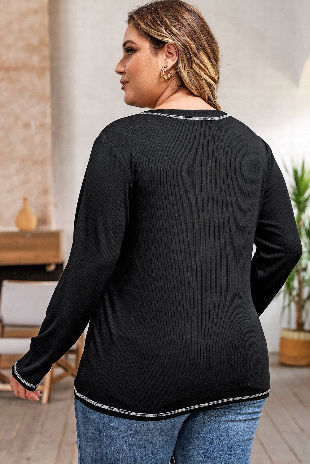 Plus Size Notched Neck Long Sleeve T-Shirt - -
