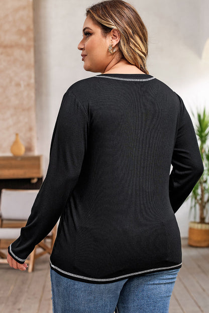 Plus Size Notched Neck Long Sleeve T-Shirt - -