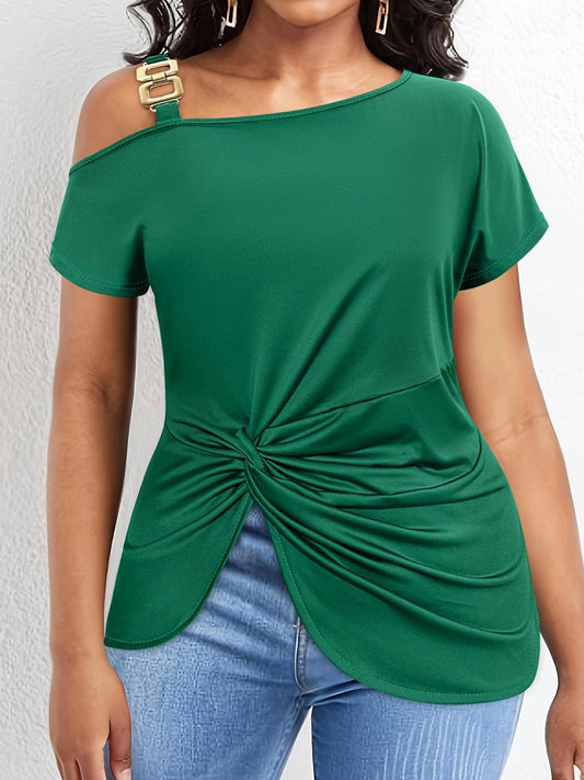 Plus Size Twisted Asymmetrical Neck Short Sleeve T-Shirt - Dark Green -