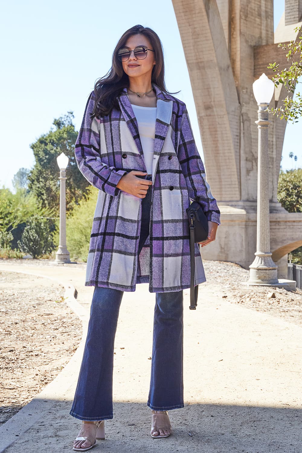 Double Take Full Size Plaid Button Up Lapel Collar Coat - Violet -