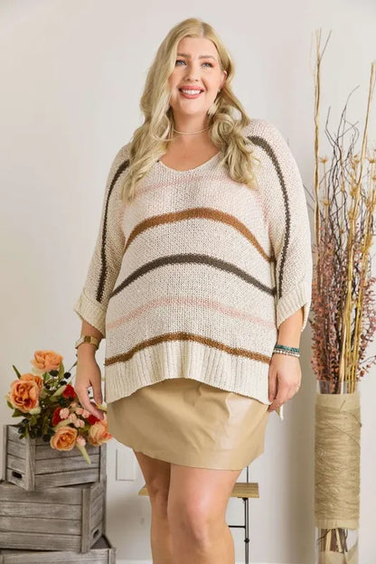 ADORA Full Size Multi Color Strip Sweater Plus Size - -