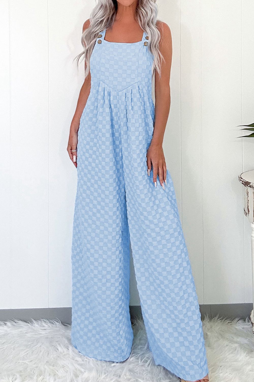 Checkered Pocketed Wide Leg Overalls - Light Blue -