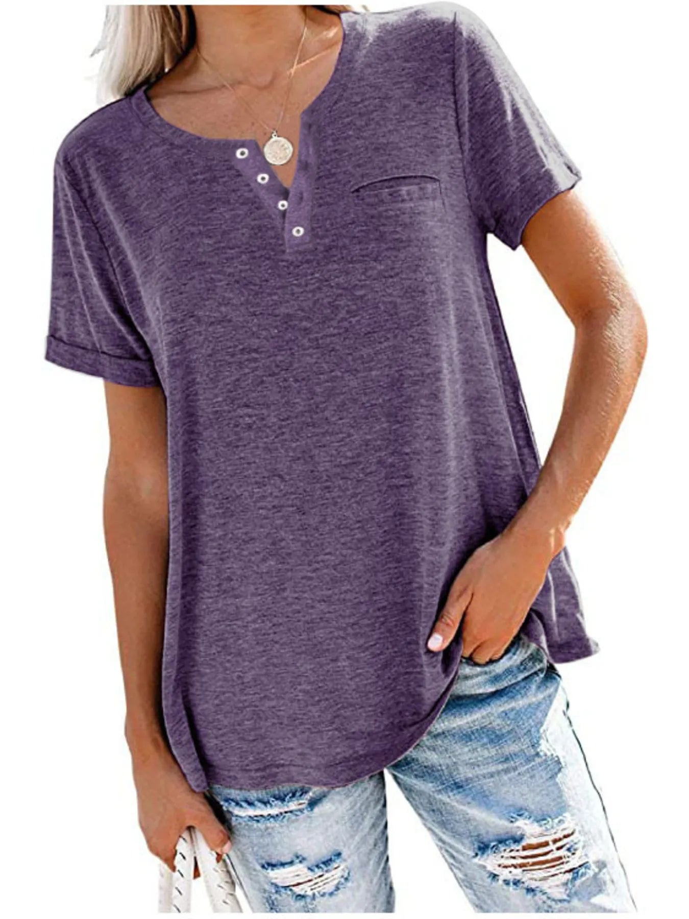 Full Size Notched Short Sleeve T-Shirt Plus Size - Purple -