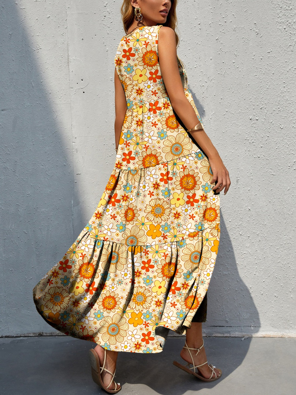 Tiered Printed V-Neck Sleeveless Dress