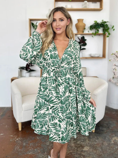 Double Take Full Size Printed Ruched Balloon Sleeve Dress – | Shannon’s Chique Boutique