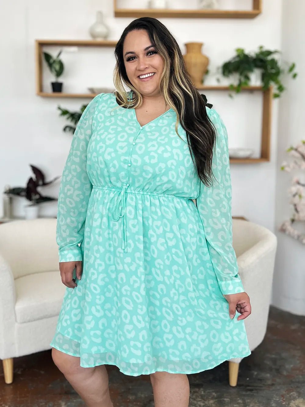 Double Take Full Size Printed Ruched V - Neck Long Sleeve Dress – | Shannon’s Chique Boutique
