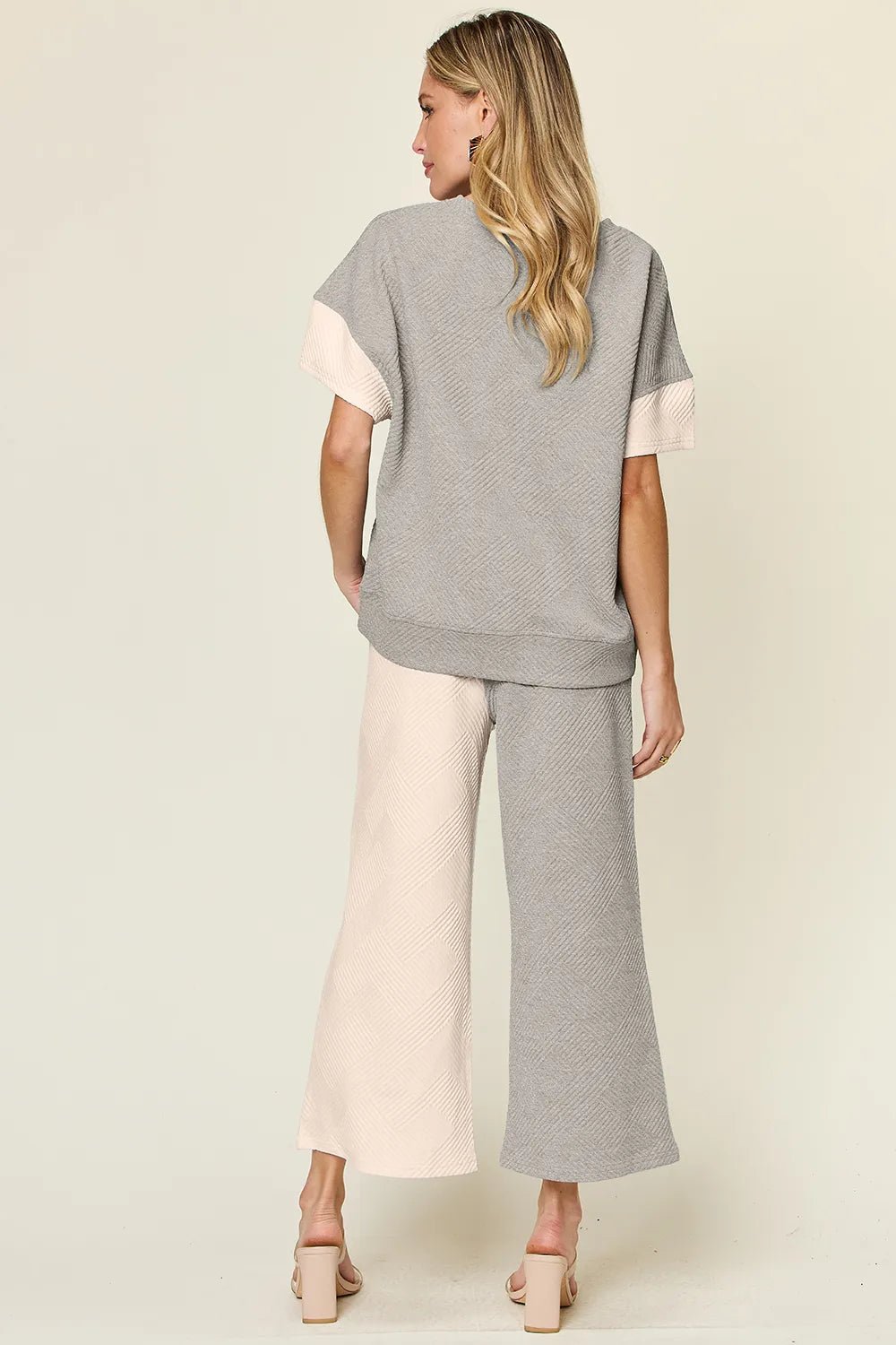 Double Take Full Size Texture Contrast T-Shirt and Wide Leg Pants Set - -