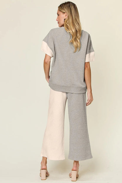 Double Take Full Size Texture Contrast T-Shirt and Wide Leg Pants Set - -