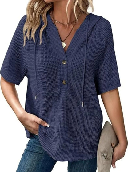Drawstring Waffle-Knit Short Sleeve Hooded Top - -