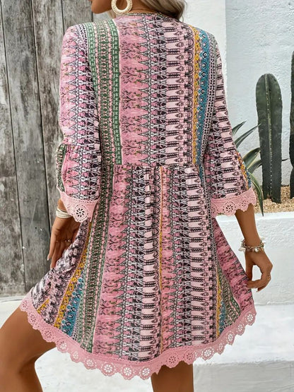 Lace Trim Printed V-Neck 3/4 Sleeve Dress - -