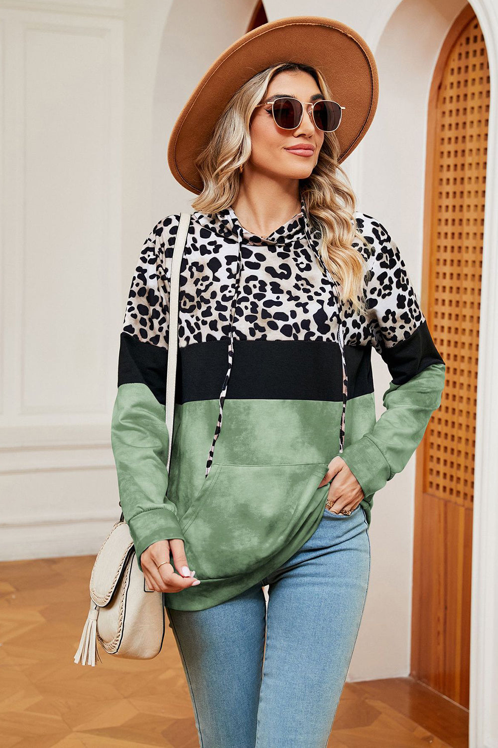 Leopard Drawstring Hoodie with Pocket