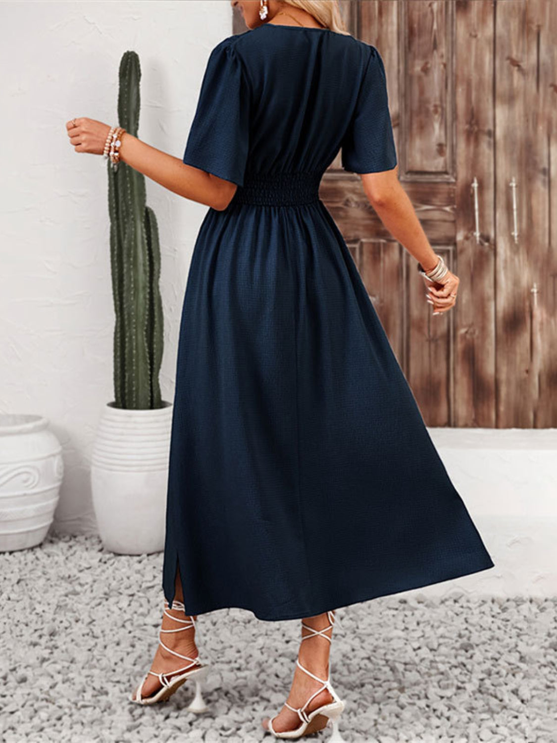 Side Slit Surplice Flutter Sleeve Midi Dress - -